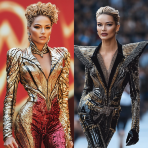 Celebrity showcasing an ultra-modern, high-fashion look representing the final stage of fashion evolution.