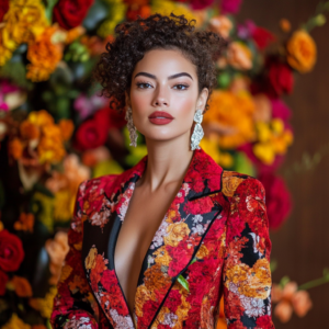 Celebrity concluding a fashion interview with a confident pose in an elegant, dramatic setting.
