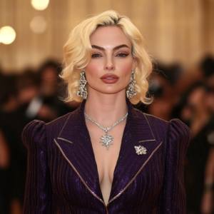 Celebrity showcasing a final, impeccably styled look by a top celebrity stylist in an elegant event setting.