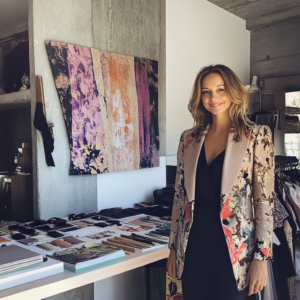 Celebrity stylist in a modern studio with mood boards, fabrics, and creative fashion elements.
