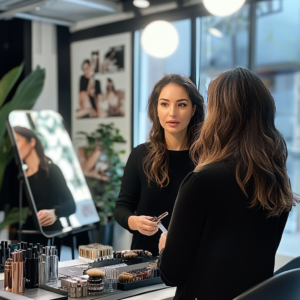Celebrity stylist in action reviewing fashion looks and accessories in a modern, sophisticated workspace.