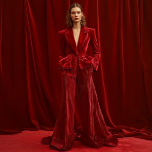 Image showcasing the final result of a designer collaboration with a model displaying a luxurious, high-fashion look.