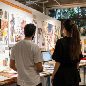 Image showing designers collaborating in a modern studio with fabrics, sketches, and design tools.