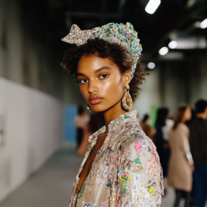 Model showcasing a final, flawless look with glamorous backstage details at Fashion Week.