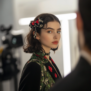 Insider introduction to Fashion Week with a model in a sophisticated look and backstage elements.