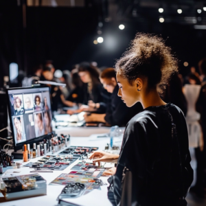 Behind-the-scenes moment at Fashion Week with stylists and models preparing final looks.