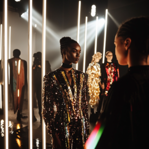 Introductory image showcasing fashion week highlights with models, backstage elements, and modern graphics.