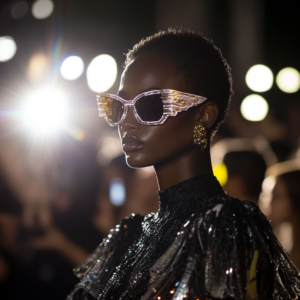 Mid-event image featuring high-fashion models walking the runway at fashion week with dramatic lighting.