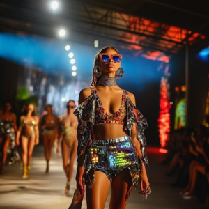 Final runway poses by models at a high-end fashion show with elegant lighting and luxurious details.
