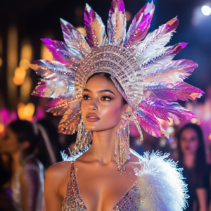 Models walking the runway in a high-end fashion show with dramatic lighting and luxurious designs.