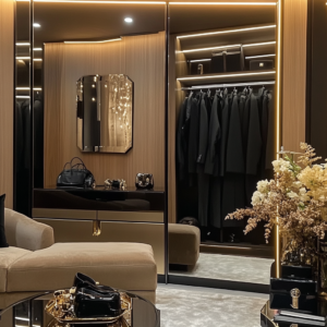 Individual in a chic, budget-friendly luxury look with well-coordinated accessories in a modern setting.