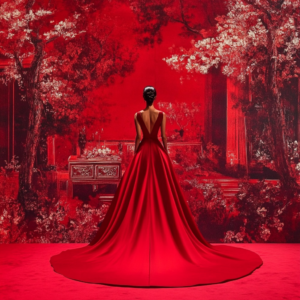 Individual showcasing a stunning, budget-friendly red carpet look with elegant attire and accessories.