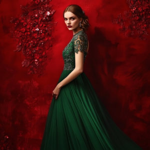 Model showcasing the final, impeccably styled red carpet dress with luxurious details and dramatic lighting.