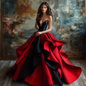 Elegant model showcasing a stunning red carpet dress with luxurious details on a classic red carpet.