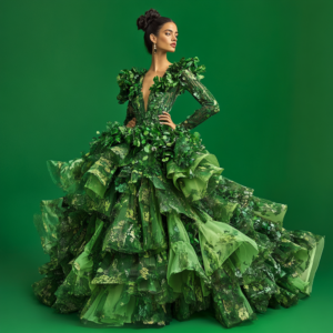 Celebrity showcasing sustainable fashion with eco-friendly, stylish attire in a modern, nature-inspired setting.