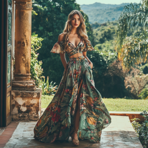 Celebrity showcasing a complete sustainable high-fashion look with eco-friendly materials and artisanal details.