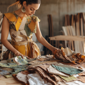 Celebrity engaging with sustainable fashion pieces in a blend of urban and natural elements.