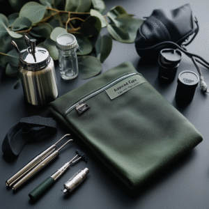 Advanced garment care tools including handheld steamer, stain removal bottles, and fine-bristle brush on dark cloth