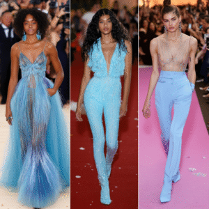 Collage of Lupita Nyong’o in powder-blue Prada, Zendaya in dramatic Galliano cape, and Harry Styles in pastel tailored suit