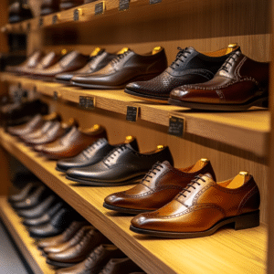 Consignment store display with organized shelves of designer shoes and price tags