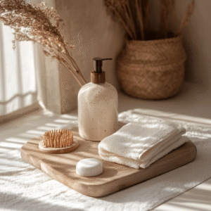 Textile care essentials including wool shampoo, delicate detergent, and silk conditioner on a wooden surface