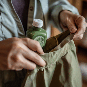 Eco-friendly fabric protector being sprayed onto a gray wool coat on a wooden hanger