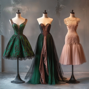  Three mannequins displaying emerald A-line gown, black sequin mermaid dress, and pale pink chiffon empire dress