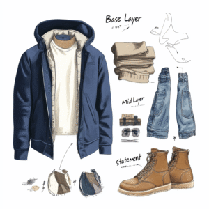 Layered flat lay of base layers and accessories including trench coat, sweater, scarf, and gloves