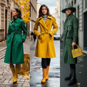 Collage of statement outerwear looks including trench, boucle coat, leather jacket, and fringe poncho
